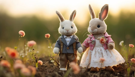Greeting card, Valentine's Day. Toy loving bunnies in retro clothes on a field among flowers. AI generated.の素材