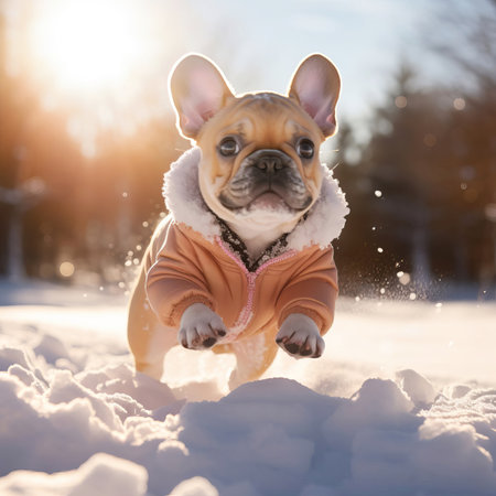 A small French bulldog in winter clothes runs through the snow in winter. AI generated.の素材