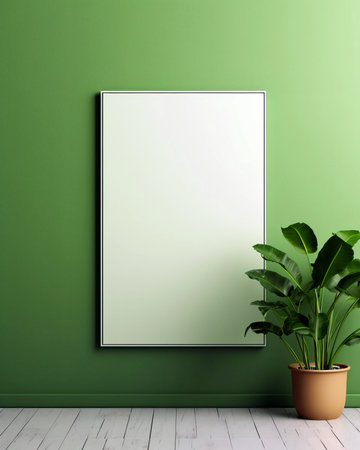Photo frame mockup on a green wall with a beautiful plant. AI generated.の素材