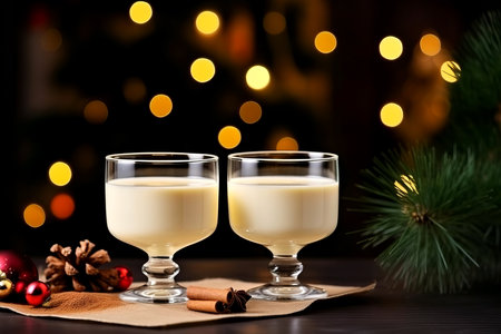 Christmas milk drink with spices, eggnog, in glass glasses, holiday mood. AI generated.の素材