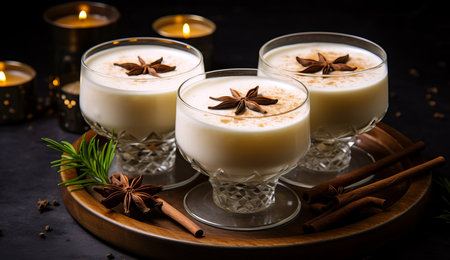 Christmas milk drink with spices, eggnog, in glass glasses, holiday mood. AI generated.の素材