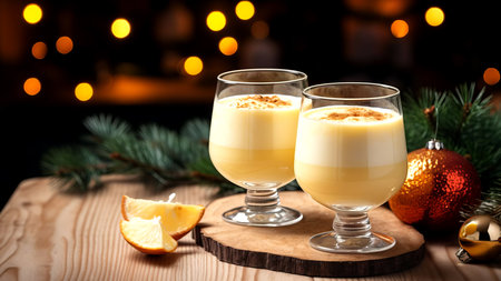 Christmas milk drink with spices, eggnog, in glass glasses, holiday mood. AI generated.の素材