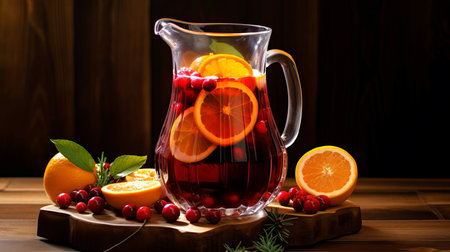 Winter Christmas sangria in a glass jug, with orange slices and berries, on a wooden table. AI generated.の素材