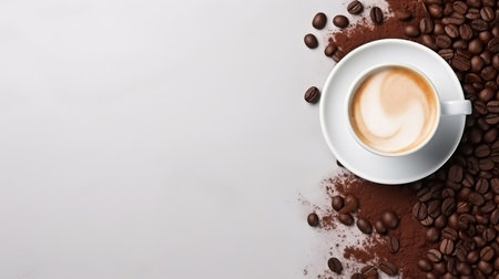 Top view of a white cup with coffee next to coffee beans. Place for text, AI generative.の素材