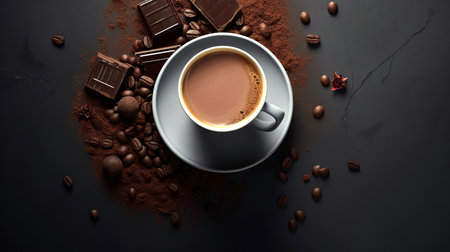 Top view of a cup of coffee next to pieces of chocolate bar and coffee beans. AI generative.の素材