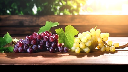 Bunches of white and dark grapes with leaves on a wooden surface. Place for text, AI generative.の素材