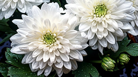 Beautiful white chrysanthemums blooming in the garden during the rain, AI generative.の素材