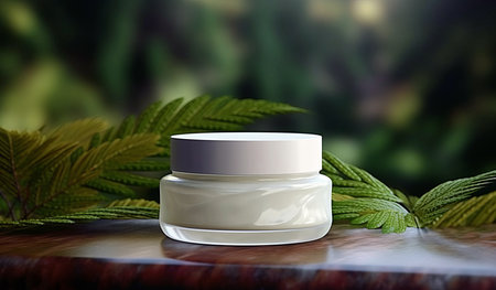 A jar of face or body cream on a natural background in natural light.の素材