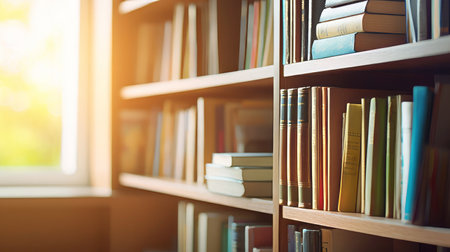 Background of bookshelves with books in the morning sunny light, AI generated.の素材