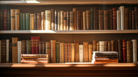 Background of bookshelves with books in the morning sunny light, AI generated.の素材