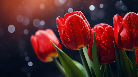 Bouquet of bright red tulip buds on a dark background, AI generated.の素材
