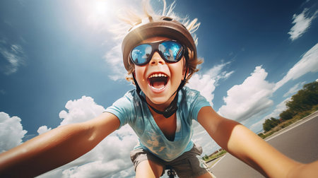 A mischievous boy riding a bicycle on a sunny warm summer day, AI generated.の素材
