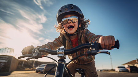 A mischievous boy riding a bicycle on a sunny warm summer day, AI generated.の素材