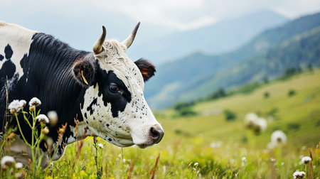 Close-up of a cow on a pasture in a mountainous area against the backdrop of beautiful nature in summer. AI generated.の素材