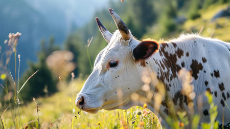 Close-up of a cow on a pasture in a mountainous area against the backdrop of beautiful nature in summer. AI generated.の素材