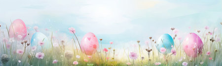 An image with a watercolor style of Easter eggs in a meadow among grass and blooming spring flowers. AI generated.の素材
