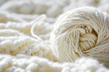 White skeins of warm yarn close up. AI generated.の素材