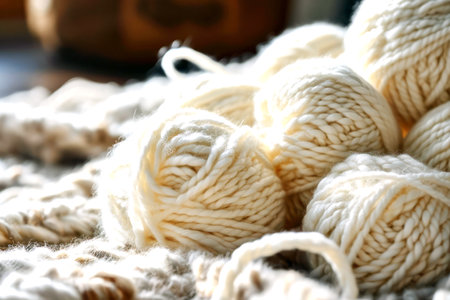 White skeins of warm yarn close up. AI generated.の素材