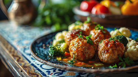 Meatballs with broccoli and cauliflower in a plate. Healthy eating. AI generated.の素材