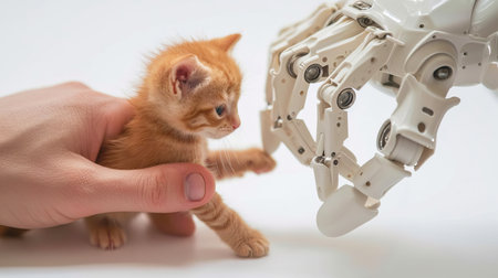 A robot hand gently touches a small cute ginger kitten with a finger on a white background. AI generated.の素材