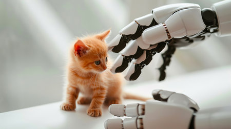 A robot hand gently touches a small cute ginger kitten with a finger on a white background. AI generated.の素材