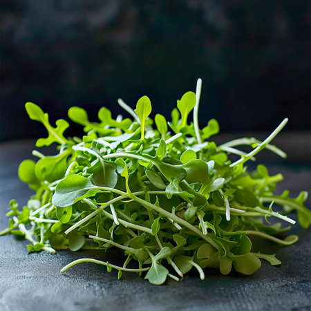 Close-up of arugula sprouts on a dark background. Healthy food, super food. AI generated.の素材
