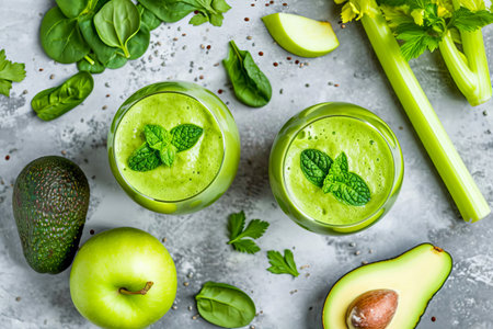 Green smoothie made from apple, avocado, celery and spinach in two glass glasses. Healthy nutrition, healthy lifestyle. AI generated.の素材