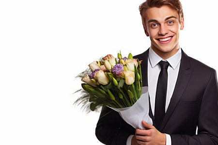 A young man in a classic suit with a tie holds a bouquet and smiles. Women's day, birthday. Congratulation. AI generated.の素材