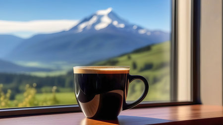 Close-up of a cup of hot coffee with a beautiful view of the mountain landscape outside the window. AI generated.の素材