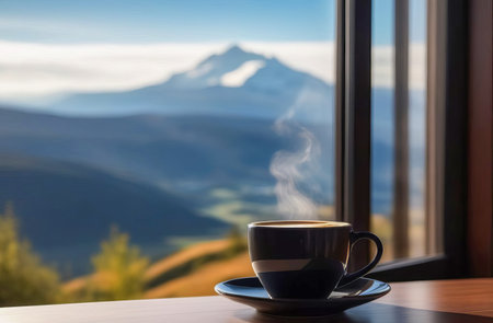 Close-up of a cup of hot coffee with a beautiful view of the mountain landscape outside the window. AI generated.の素材