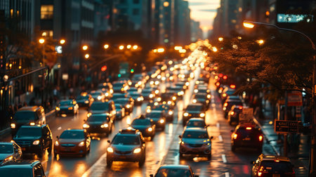 Street in a metropolis with a traffic jam. Heavy traffic on the street. Evening city lights. AI generated..の素材