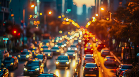 Street in a metropolis with a traffic jam. Heavy traffic on the street. Evening city lights. AI generated..の素材