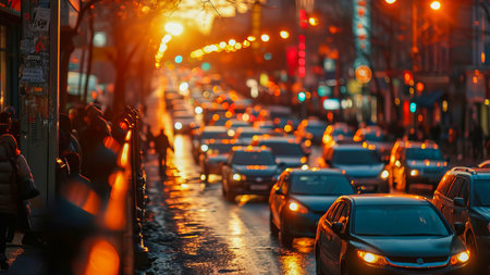 Street in a metropolis with a traffic jam. Heavy traffic on the street. Evening city lights. AI generated..の素材