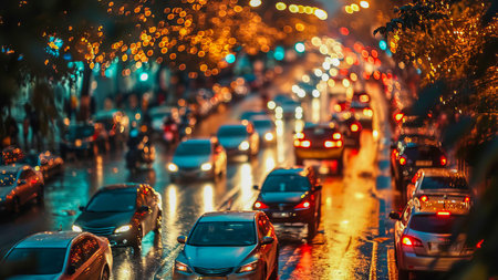 Street in a metropolis with a traffic jam. Heavy traffic on the street. Evening city lights. AI generated..の素材
