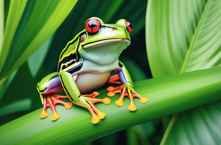 A tropical little green frog with red eyes sits on a branch of a tropical plant with its natural habitat. AI Generated.の素材