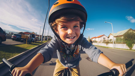 A mischievous boy riding a bicycle on a sunny warm summer day.の素材