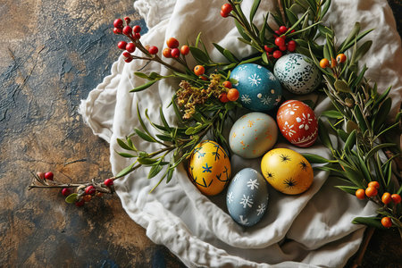 Easter eggs laid out on a white linen towel. View from above.の素材