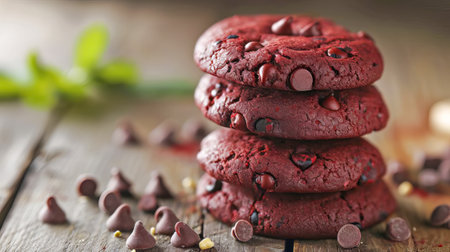 Vegetarian cookies with beet juice and chocolate chips, on a platter on a light wood countertop, close-up. AI generated.の素材