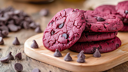 Vegetarian cookies with beet juice and chocolate chips, on a platter on a light wood countertop, close-up. AI generated.の素材