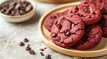 Vegetarian cookies with beet juice and chocolate chips, on a platter on a light wood countertop, close-up. AI generated.の素材