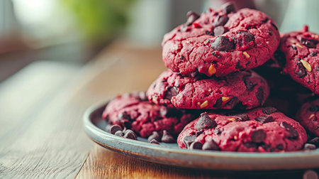 Vegetarian cookies with beet juice and chocolate chips, on a platter on a light wood countertop, close-up. AI generated.の素材