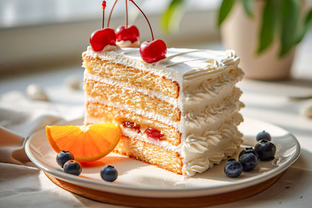A portion of beautiful sponge cake with whipped cream and cherry, blueberry, orange slice in sunshine. AI generated.の素材
