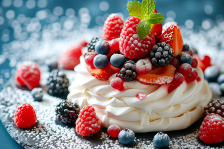 Appetizing low-calorie dessert Pavlova with fresh berries. AI generated.の素材