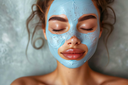 Young woman with skin care mask applied to her face. Beauty salon, SPA salon. AI generated.の素材