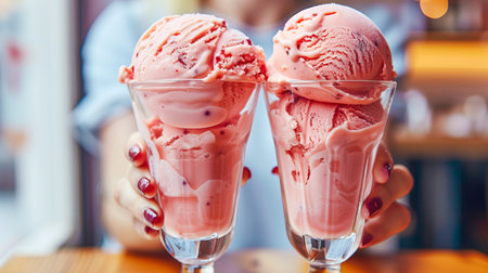 Two servings of vegan ice cream with raspberries in glass glasses on a table in a cafe on a summer day. AI generated.の素材