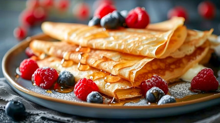 A stack of pancakes with fresh berries, honey and sour cream on a plate. Maslenitsa. AI generated.の素材