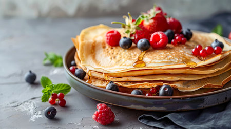 A stack of pancakes with fresh berries, honey and sour cream on a plate. Maslenitsa. AI generated.の素材