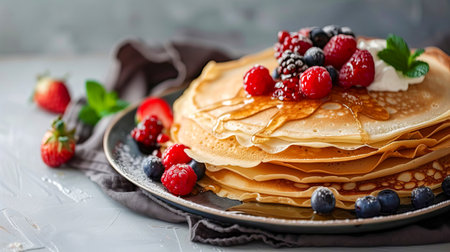 A stack of pancakes with fresh berries, honey and sour cream on a plate. Maslenitsa. AI generated.の素材