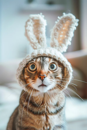 Cute domestic calm, surprised and funny cat in a hat with long rabbit ears, looking at the camera. AI generated.の素材