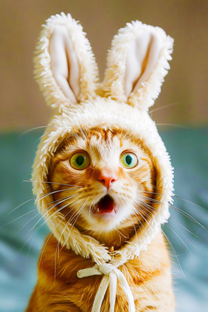 Cute domestic calm, surprised and funny cat in a hat with long rabbit ears, looking at the camera. AI generated.の素材